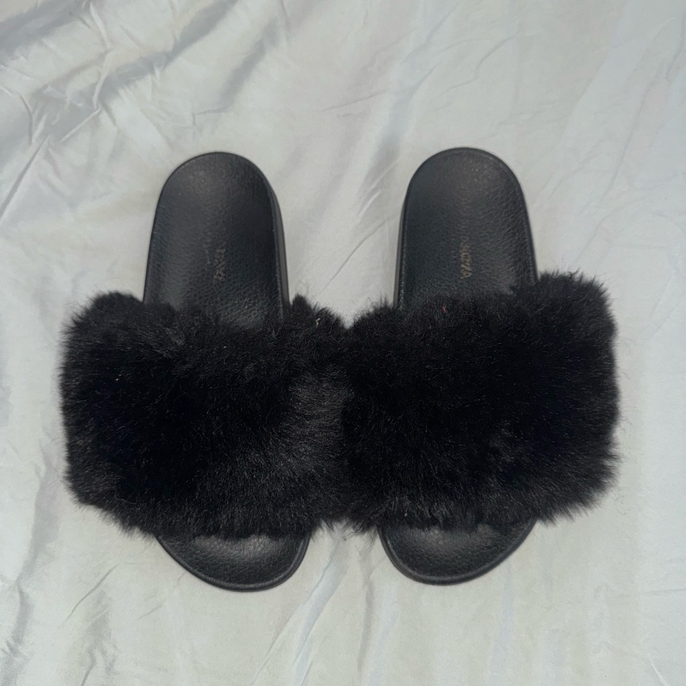 Fashion Nova, black furry slides, size 8